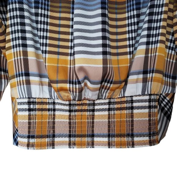 Karl Lagerfeld plaid smocked ruffled blouse yellow and blue - Picture 6 of 8